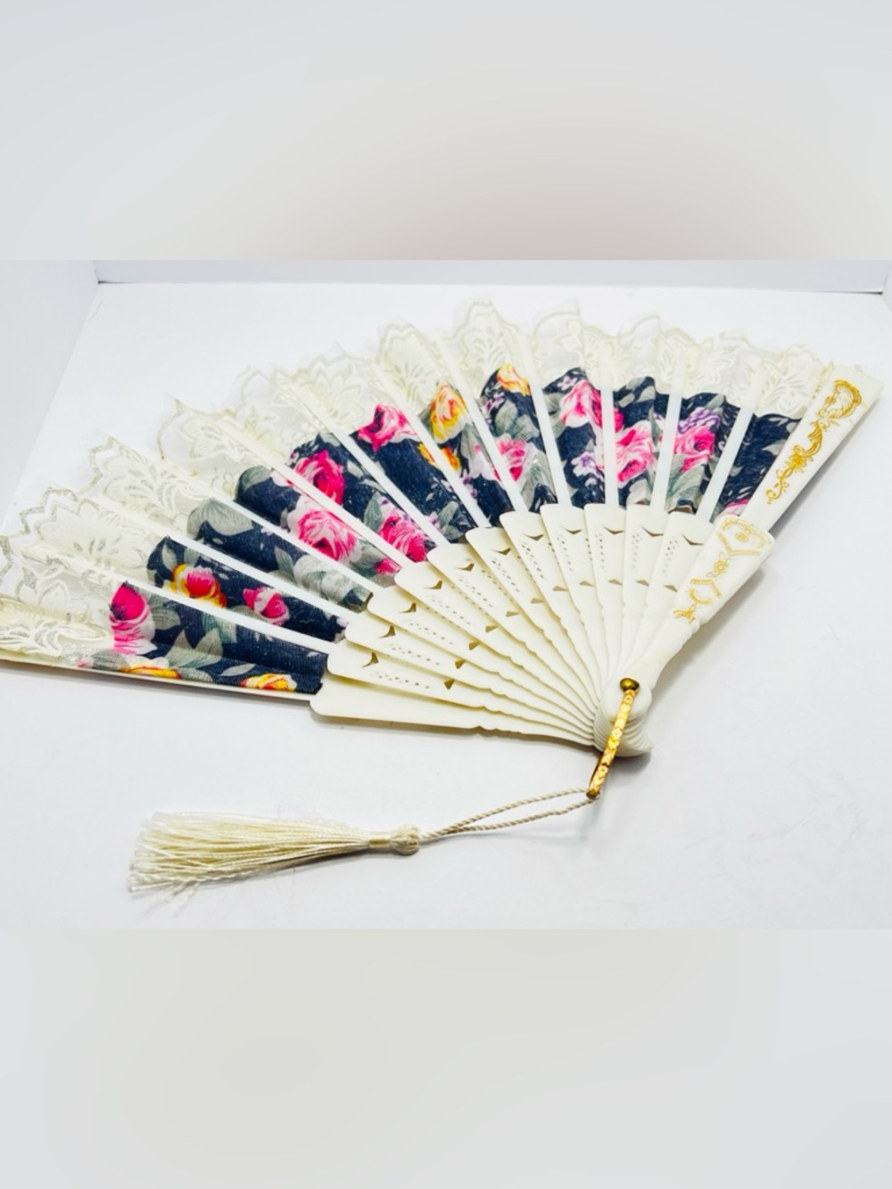 Vintage Floral Folding Hand Fan Gold Gilt Filigree Lace Tassel Shabby Chic